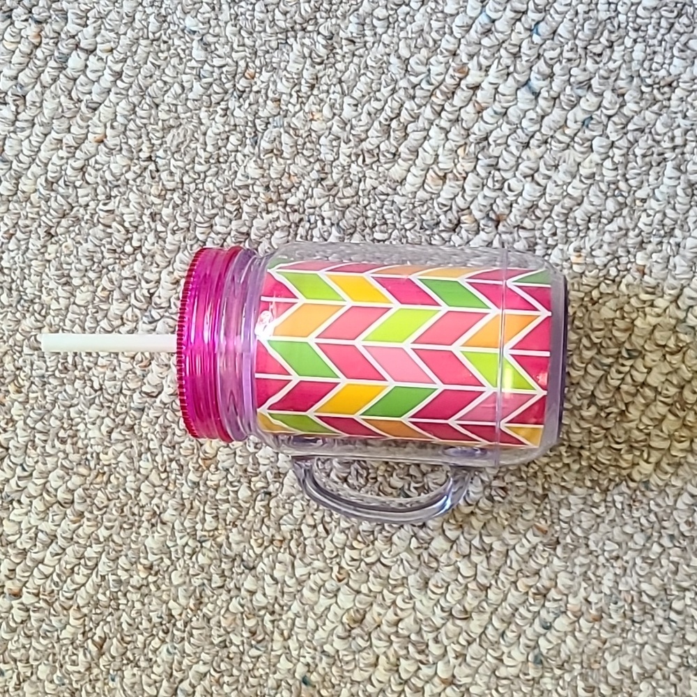 Pink Chevron Double Lined Plastic Mason Jar Cup with Straw